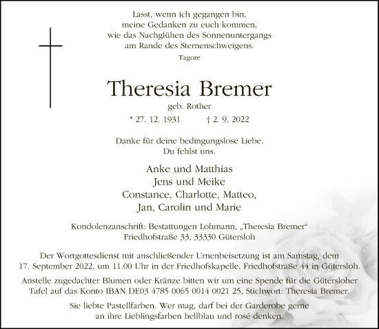 Traueranzeige von Theresia Bremer von Neue Westfälische