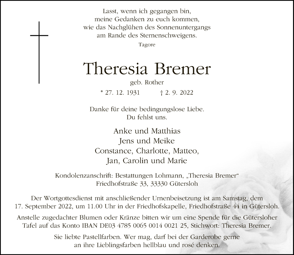  Traueranzeige für Theresia Bremer vom 08.09.2022 aus Neue Westfälische