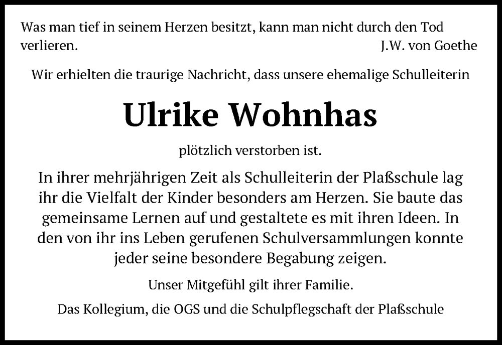  Traueranzeige für Ulrike Wohnhas vom 10.09.2022 aus Neue Westfälische