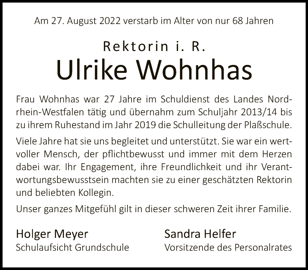  Traueranzeige für Ulrike Wohnhas vom 10.09.2022 aus Neue Westfälische