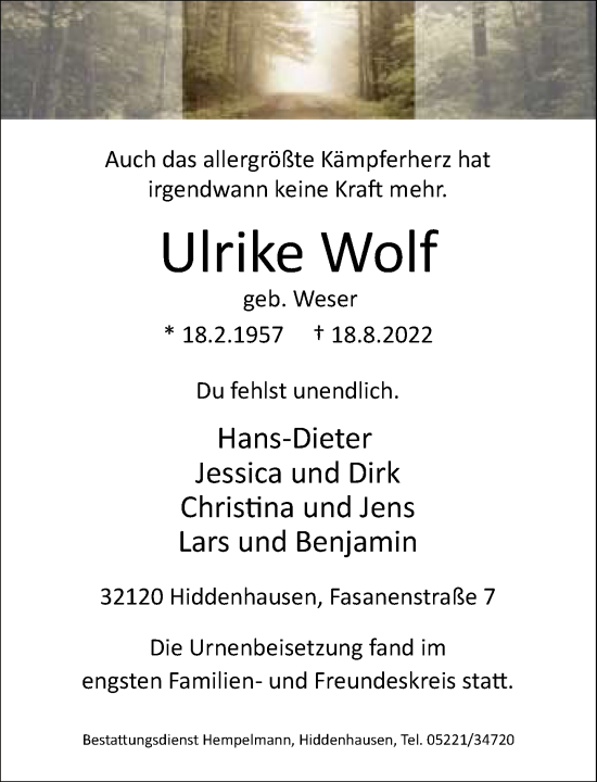 Traueranzeige von Ulrike Wolf von Neue Westfälische