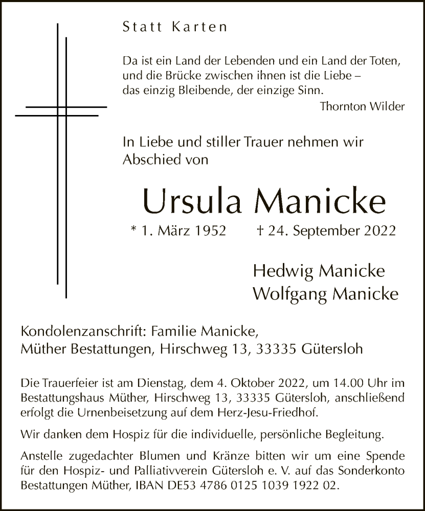  Traueranzeige für Ursula Manicke vom 28.09.2022 aus Neue Westfälische