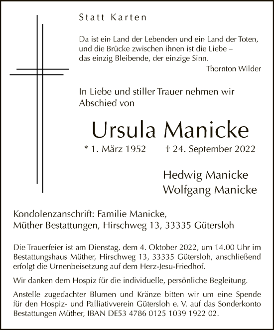 Traueranzeige von Ursula Manicke von Neue Westfälische