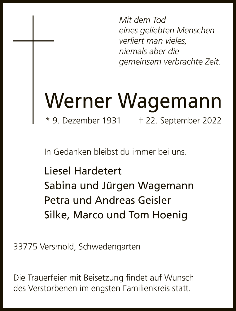  Traueranzeige für Werner Wagemann vom 27.09.2022 aus Neue Westfälische