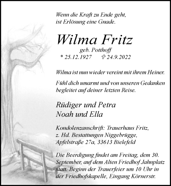 Traueranzeige von Wilma Fritz von Neue Westfälische