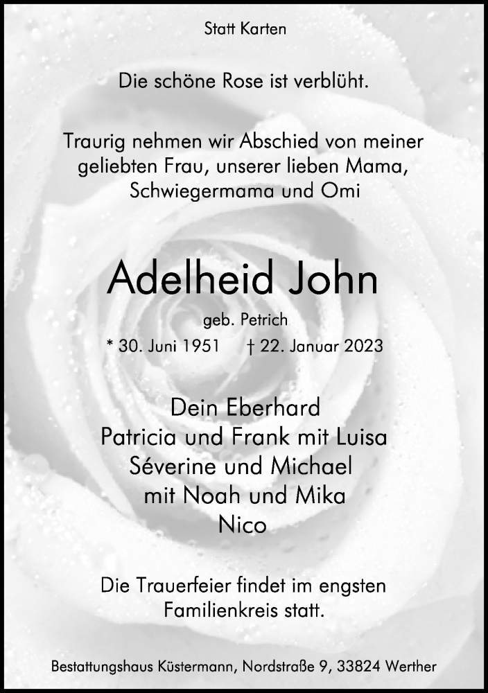  Traueranzeige für Adelheid John vom 25.01.2023 aus Neue Westfälische