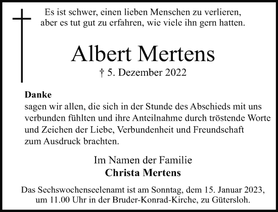 Traueranzeige von Albert Mertens von Neue Westfälische