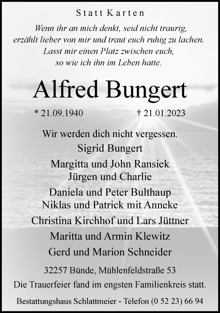  Traueranzeige für Alfred Bungert vom 28.01.2023 aus Neue Westfälische