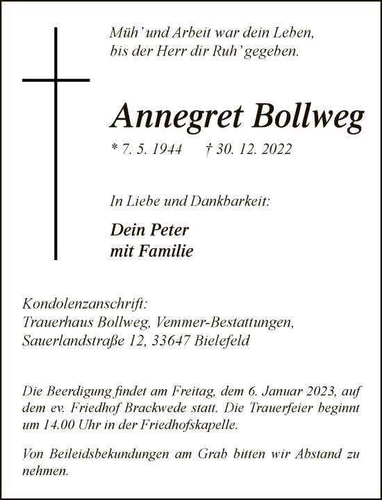 Traueranzeige von Annegret Bollweg von Neue Westfälische