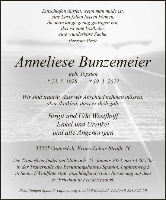 Traueranzeige von Anneliese Bunzemeier von Neue Westfälische