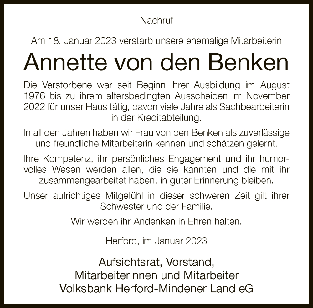  Traueranzeige für Annette von den Benken vom 28.01.2023 aus Neue Westfälische