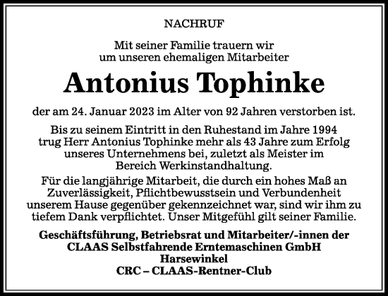 Traueranzeige von Antonius Tophinke von Neue Westfälische