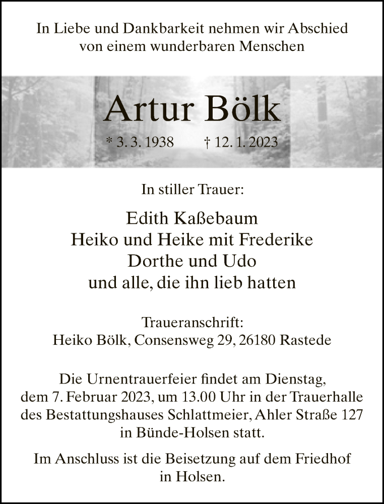  Traueranzeige für Artur Bölk vom 28.01.2023 aus Neue Westfälische