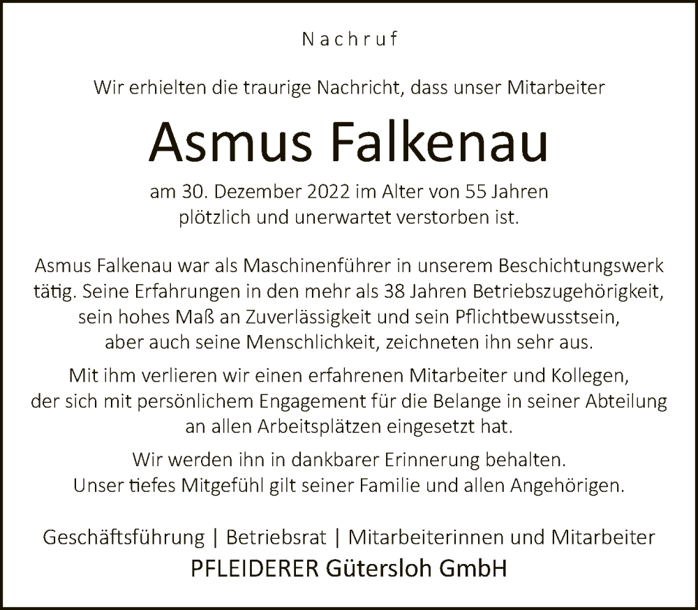  Traueranzeige für Asmus Falkenau vom 14.01.2023 aus Neue Westfälische