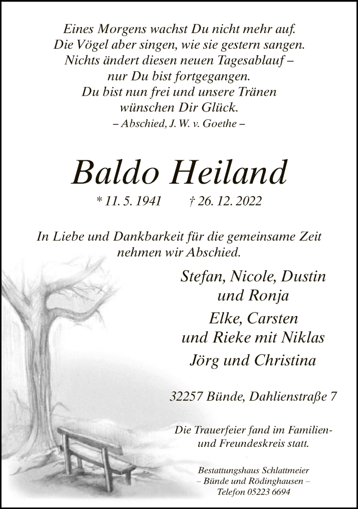  Traueranzeige für Baldo Heiland vom 07.01.2023 aus Neue Westfälische
