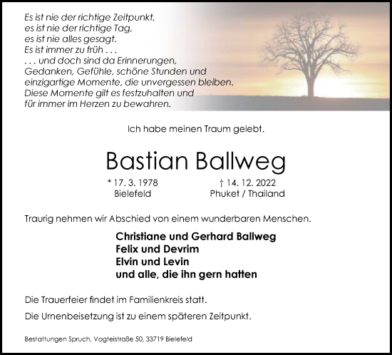 Traueranzeige von Bastian Ballweg von Neue Westfälische