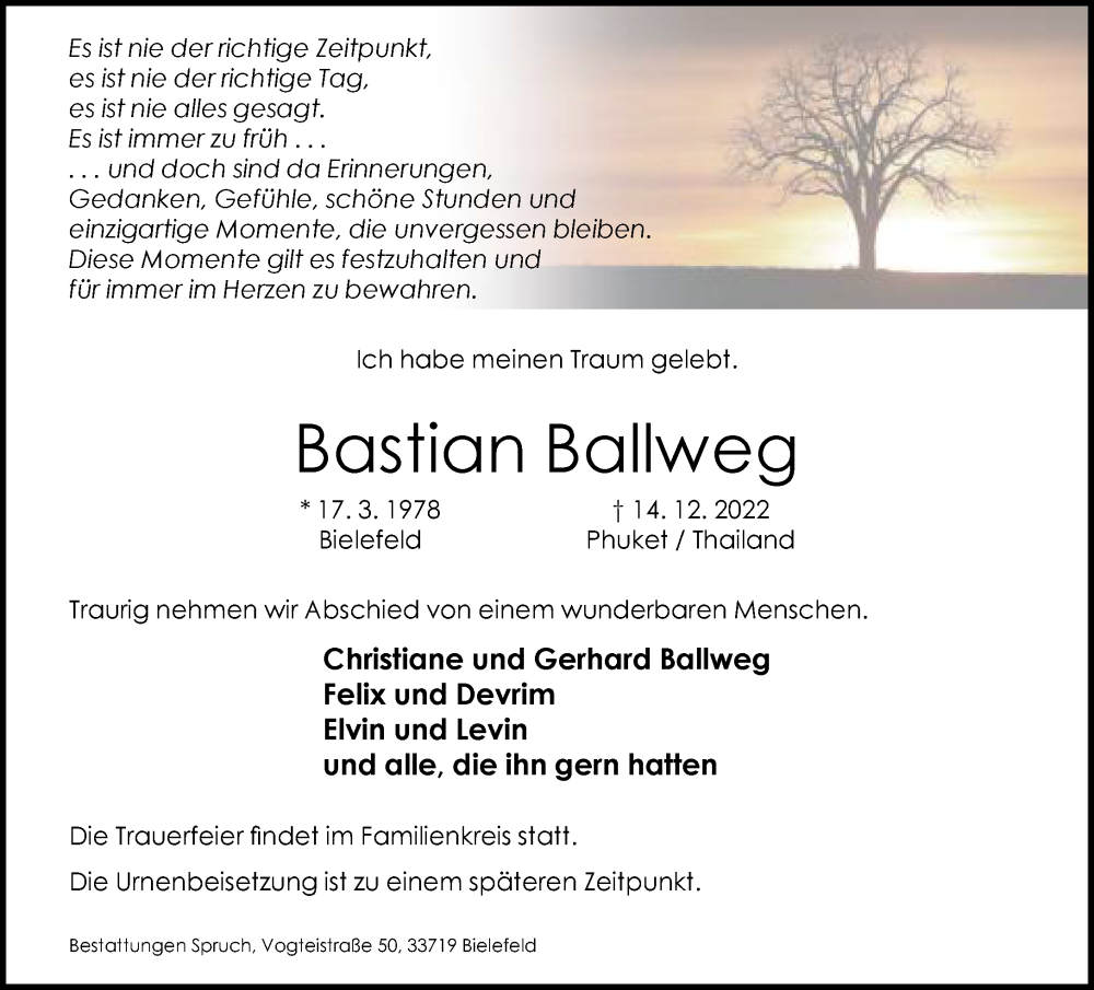  Traueranzeige für Bastian Ballweg vom 14.01.2023 aus Neue Westfälische