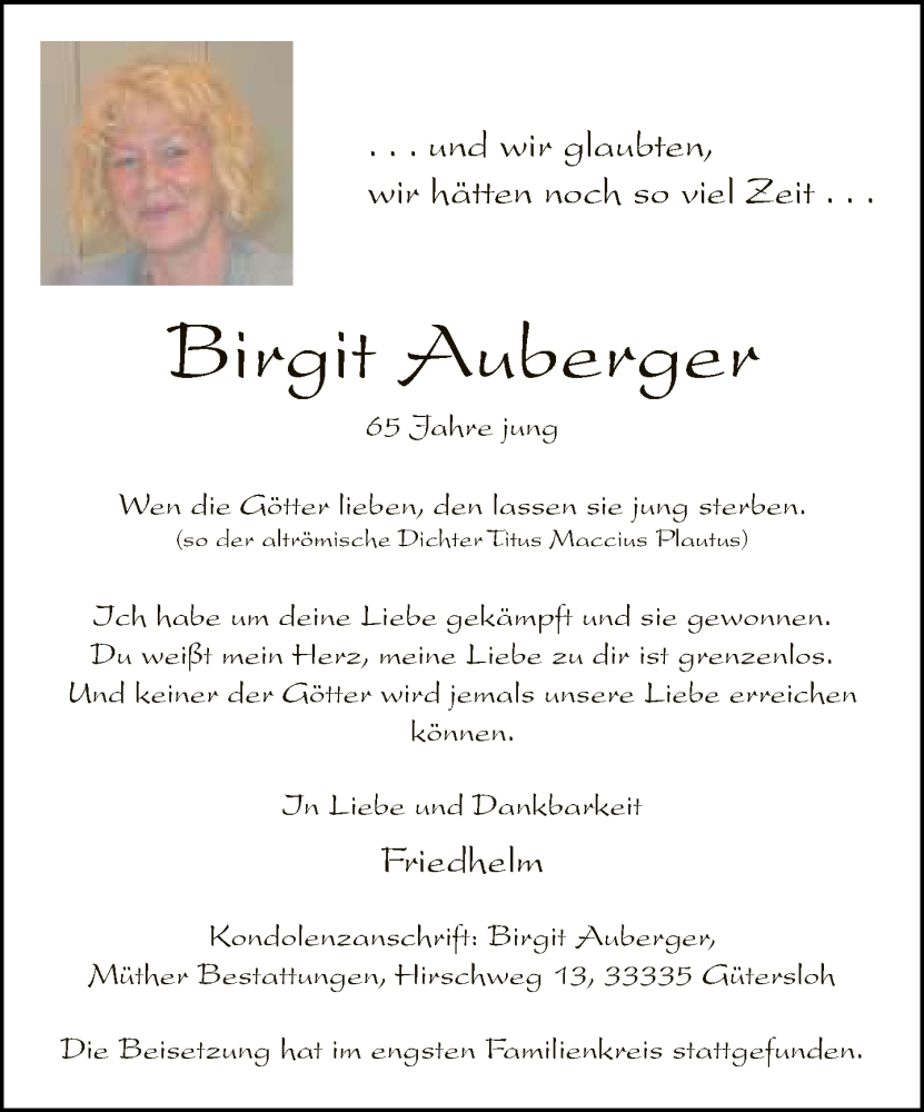  Traueranzeige für Birgit Auberger vom 21.01.2023 aus Neue Westfälische