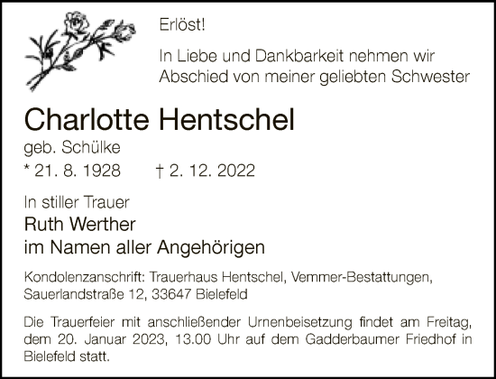 Traueranzeige von Charlotte Hentschel von Neue Westfälische