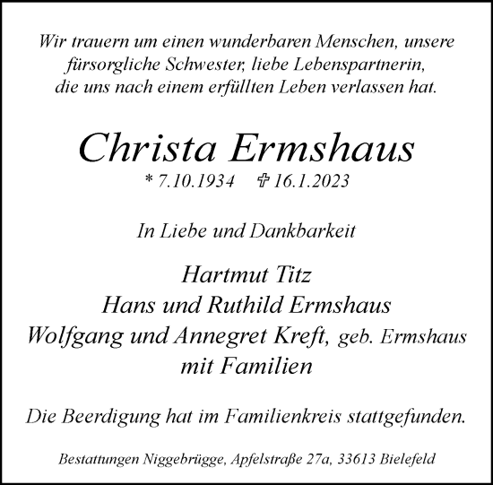 Traueranzeige von Christa Ermshaus von Neue Westfälische