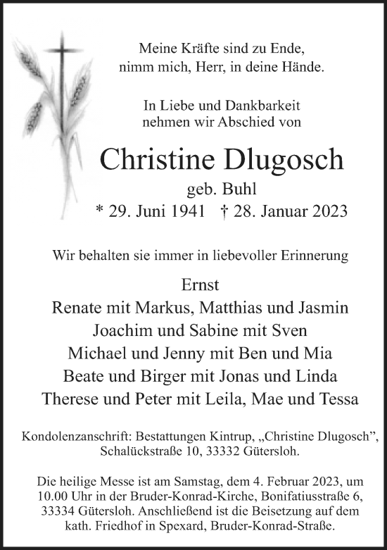 Traueranzeige von Christine Dlugosch von Neue Westfälische