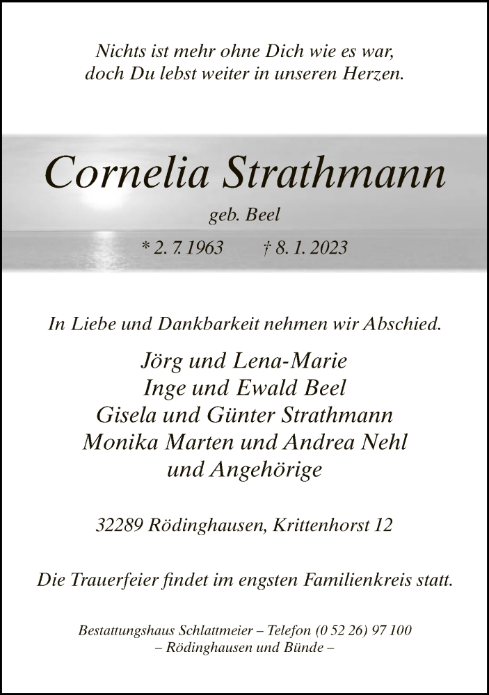  Traueranzeige für Cornelia Strathmann vom 14.01.2023 aus Neue Westfälische