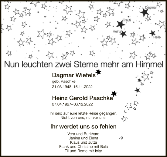 Traueranzeige von Dagmar und Heinz Gerold Wiefels, Paschke von Neue Westfälische