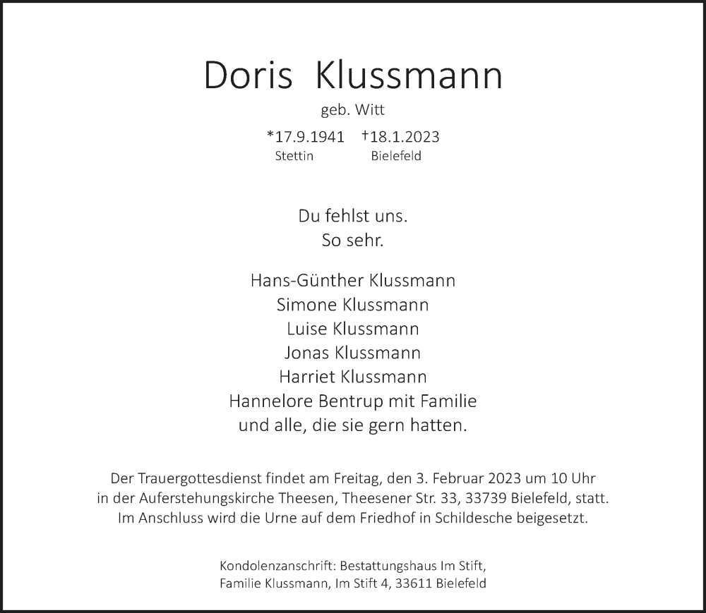  Traueranzeige für Doris Klussmann vom 25.01.2023 aus Neue Westfälische