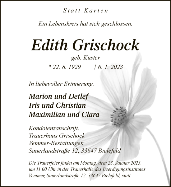 Traueranzeige von Edith Grischock von Neue Westfälische