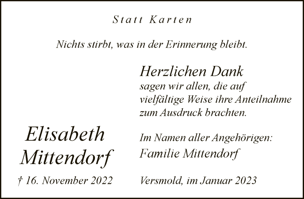  Traueranzeige für Elisabeth Mittendorf vom 21.01.2023 aus Neue Westfälische