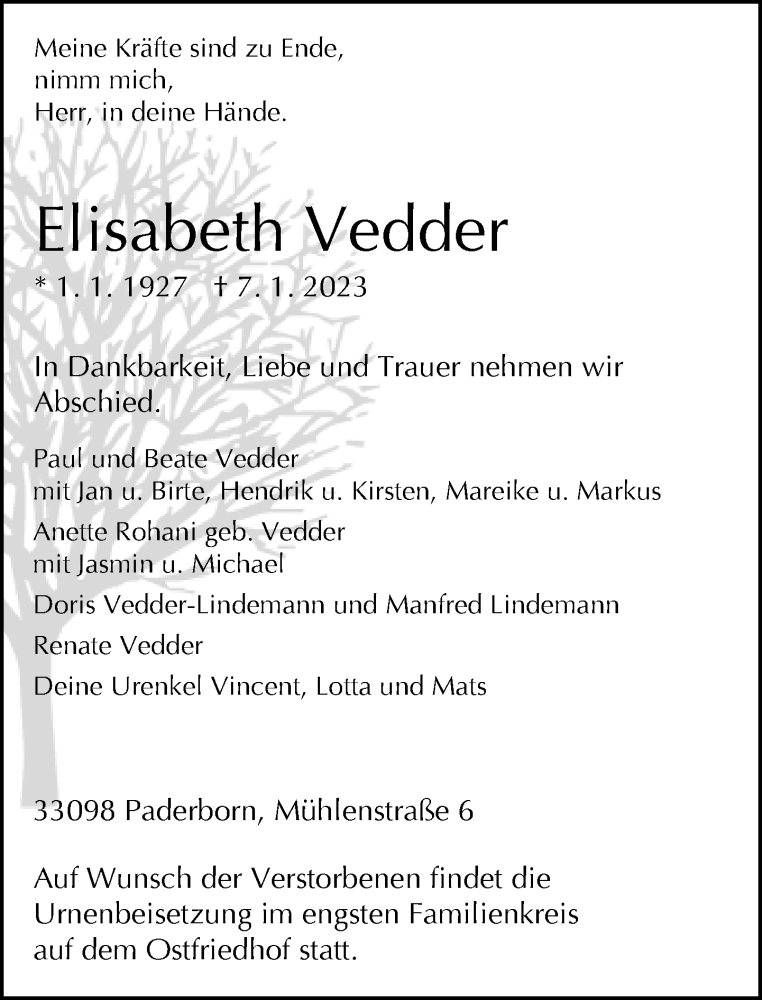  Traueranzeige für Elisabeth Vedder vom 14.01.2023 aus Neue Westfälische