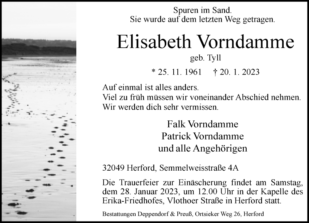  Traueranzeige für Elisabeth Vorndamme vom 24.01.2023 aus Neue Westfälische