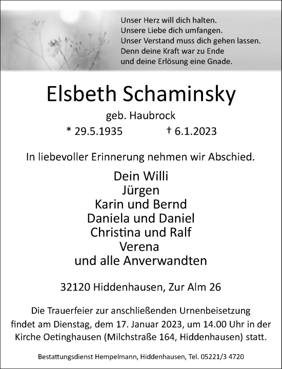 Traueranzeige von Elsbeth Schaminsky von Neue Westfälische