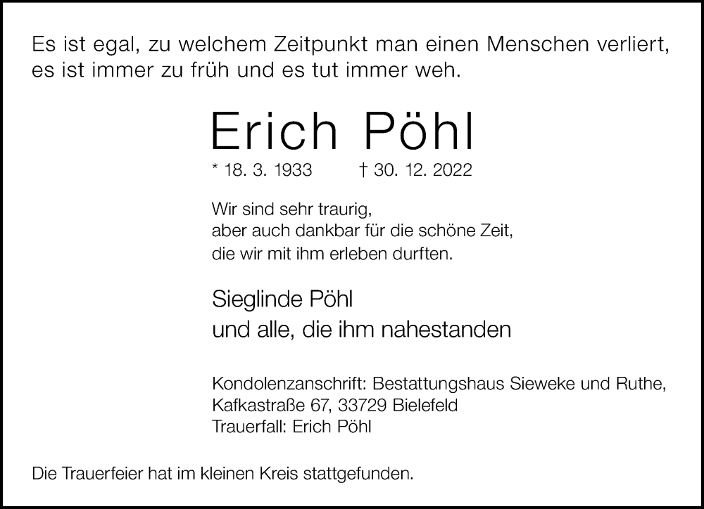  Traueranzeige für Erich Pöhl vom 14.01.2023 aus Neue Westfälische