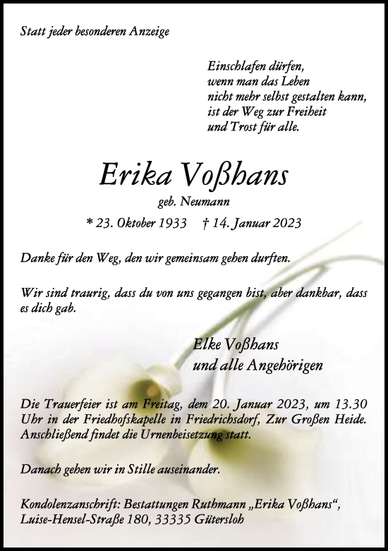 Traueranzeige von Erika Voßhans von Neue Westfälische
