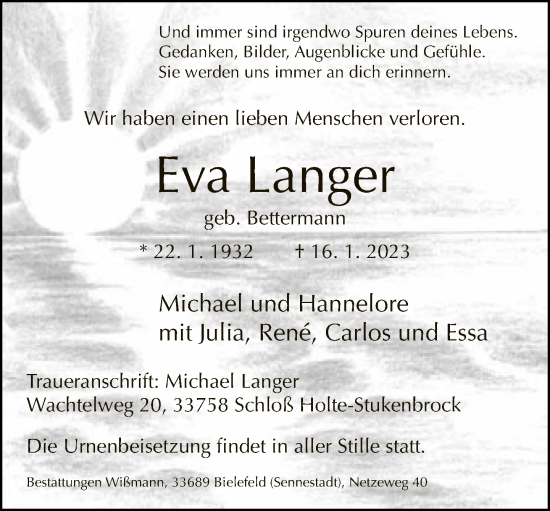 Traueranzeige von Eva Langer von Neue Westfälische