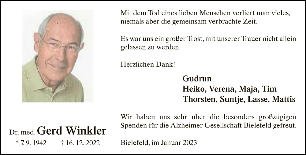  Traueranzeige für Gerd Winkler vom 21.01.2023 aus Neue Westfälische