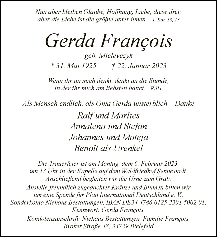  Traueranzeige für Gerda Francois vom 28.01.2023 aus Neue Westfälische