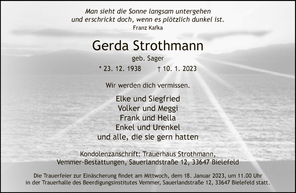  Traueranzeige für Gerda Strothmann vom 14.01.2023 aus Neue Westfälische