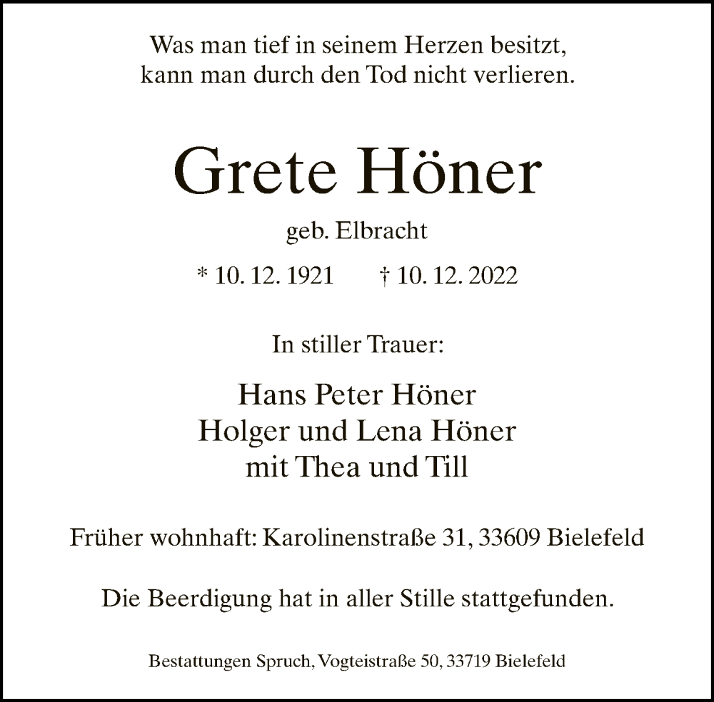  Traueranzeige für Grete Höner vom 07.01.2023 aus Neue Westfälische