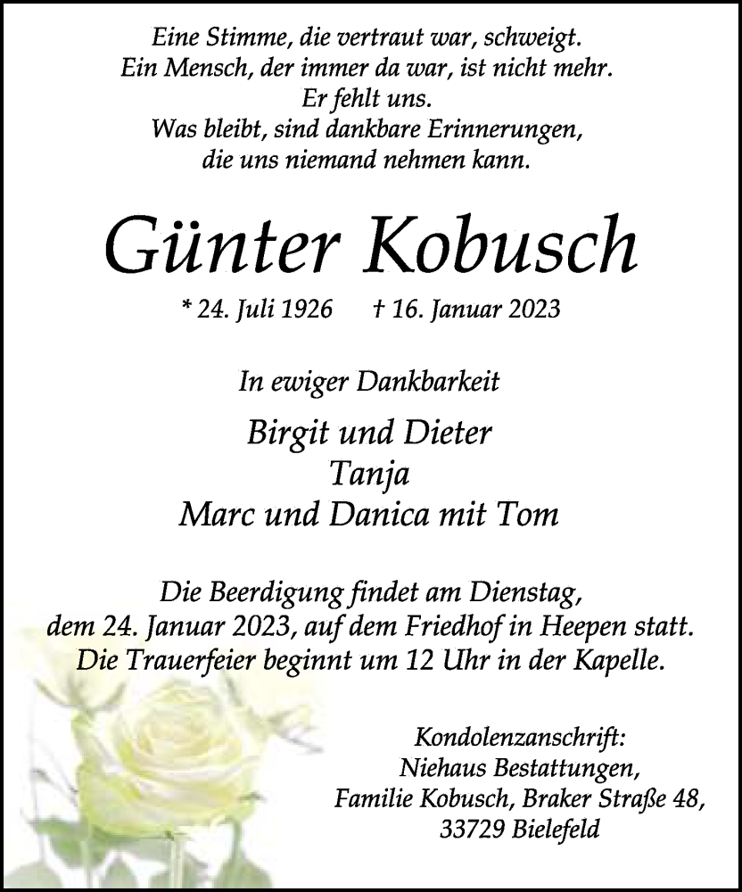  Traueranzeige für Günter Kobusch vom 21.01.2023 aus Neue Westfälische