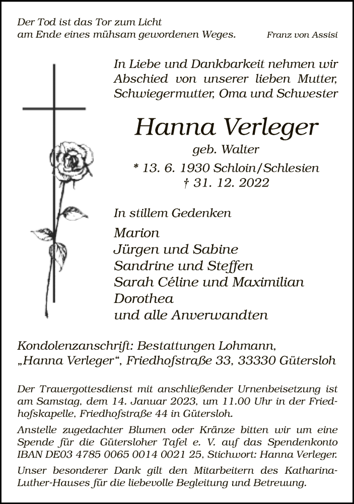  Traueranzeige für Hanna Verleger vom 07.01.2023 aus Neue Westfälische