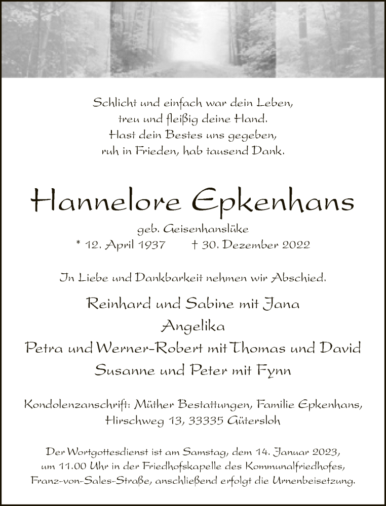  Traueranzeige für Hannelore Epkenhans vom 07.01.2023 aus Neue Westfälische