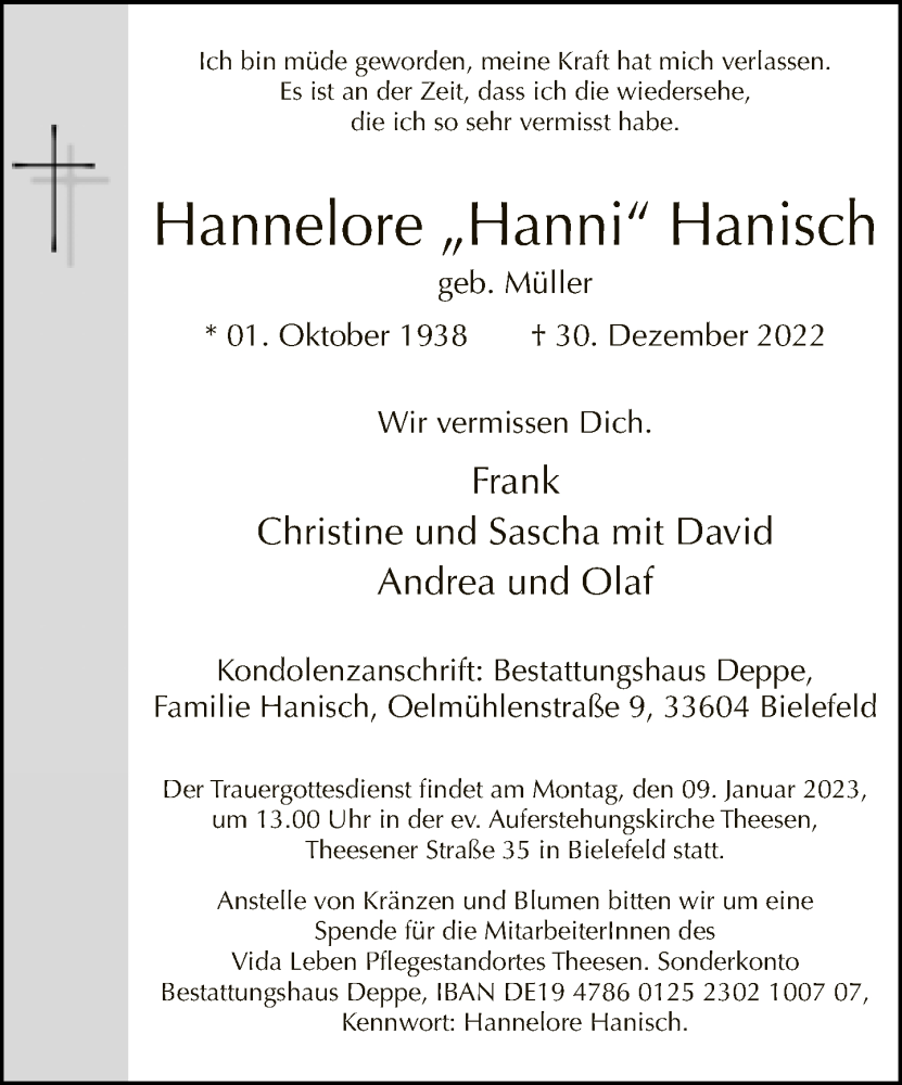  Traueranzeige für Hannelore Hanisch vom 07.01.2023 aus Neue Westfälische