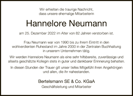 Traueranzeige von Hannelore Neumann von Neue Westfälische