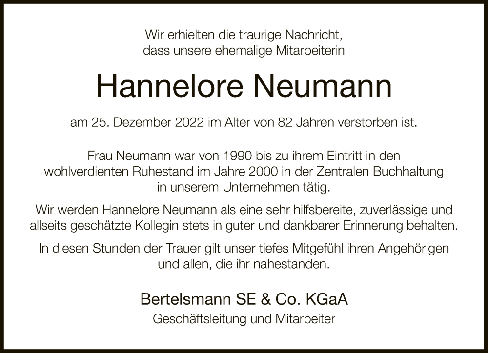  Traueranzeige für Hannelore Neumann vom 11.01.2023 aus Neue Westfälische