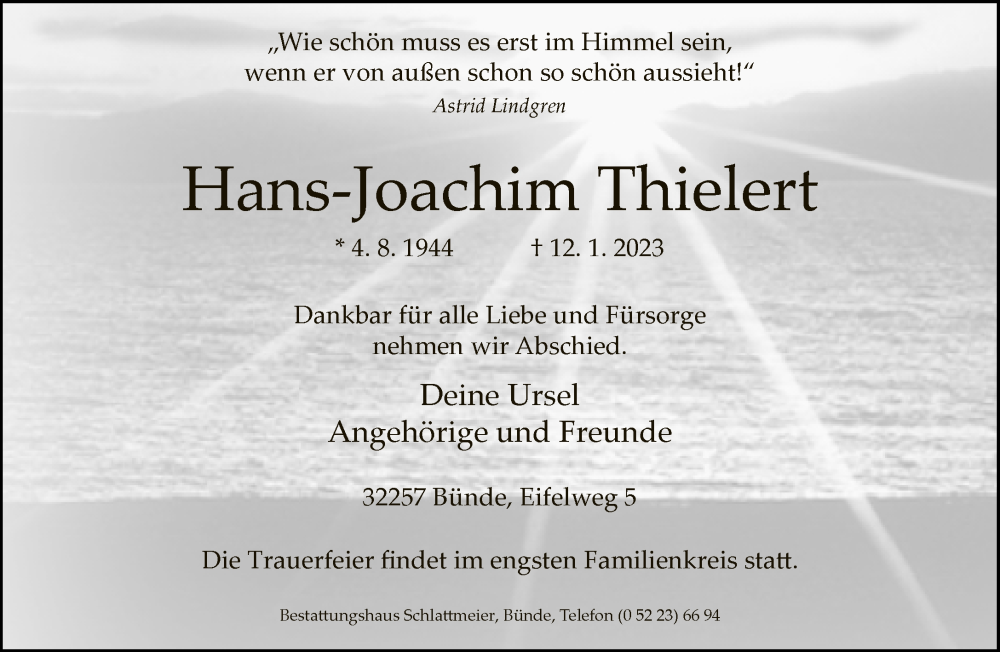  Traueranzeige für Hans-Joachim Thielert vom 18.01.2023 aus Neue Westfälische