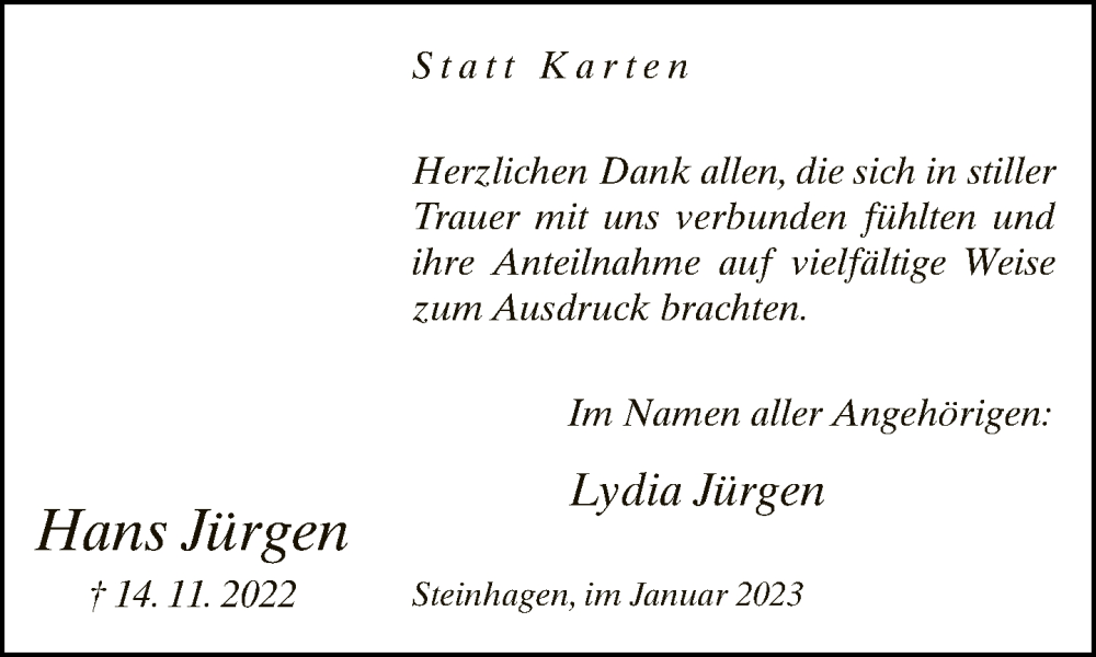  Traueranzeige für Hans Jürgen vom 14.01.2023 aus Neue Westfälische