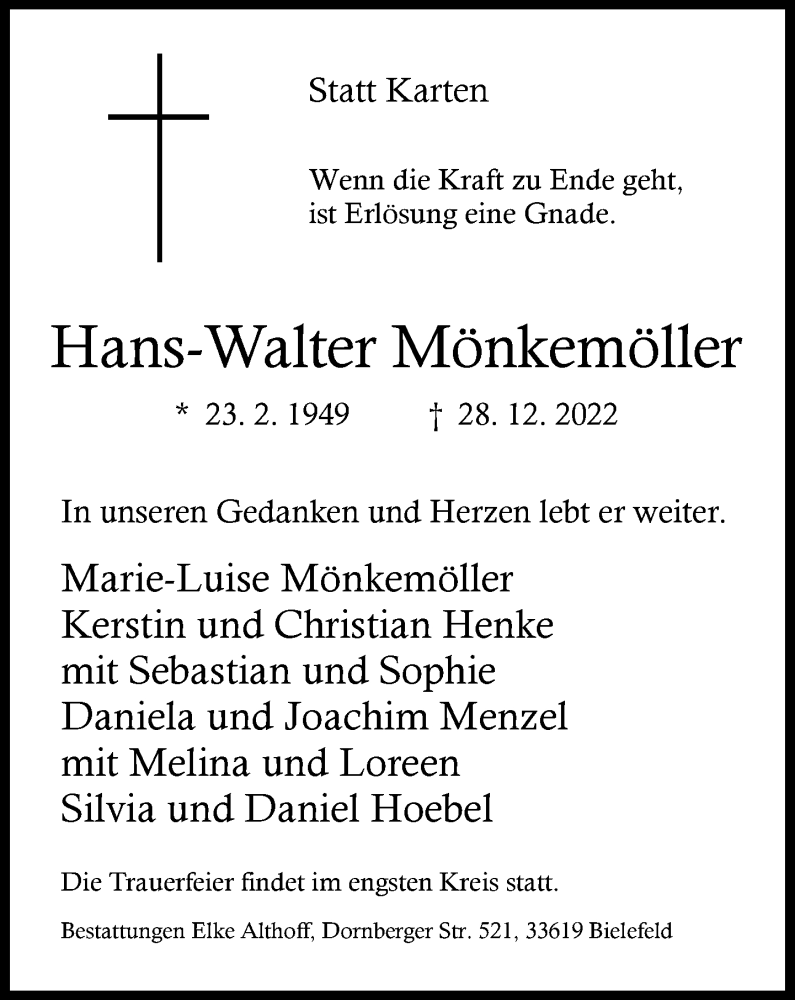  Traueranzeige für Hans-Walter Mönkemöller vom 07.01.2023 aus Neue Westfälische