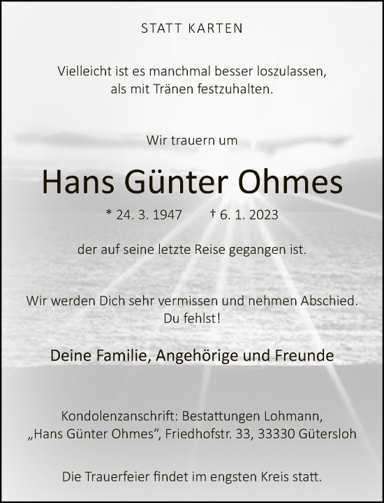 Traueranzeige von Hans Günter Ohmes von Neue Westfälische